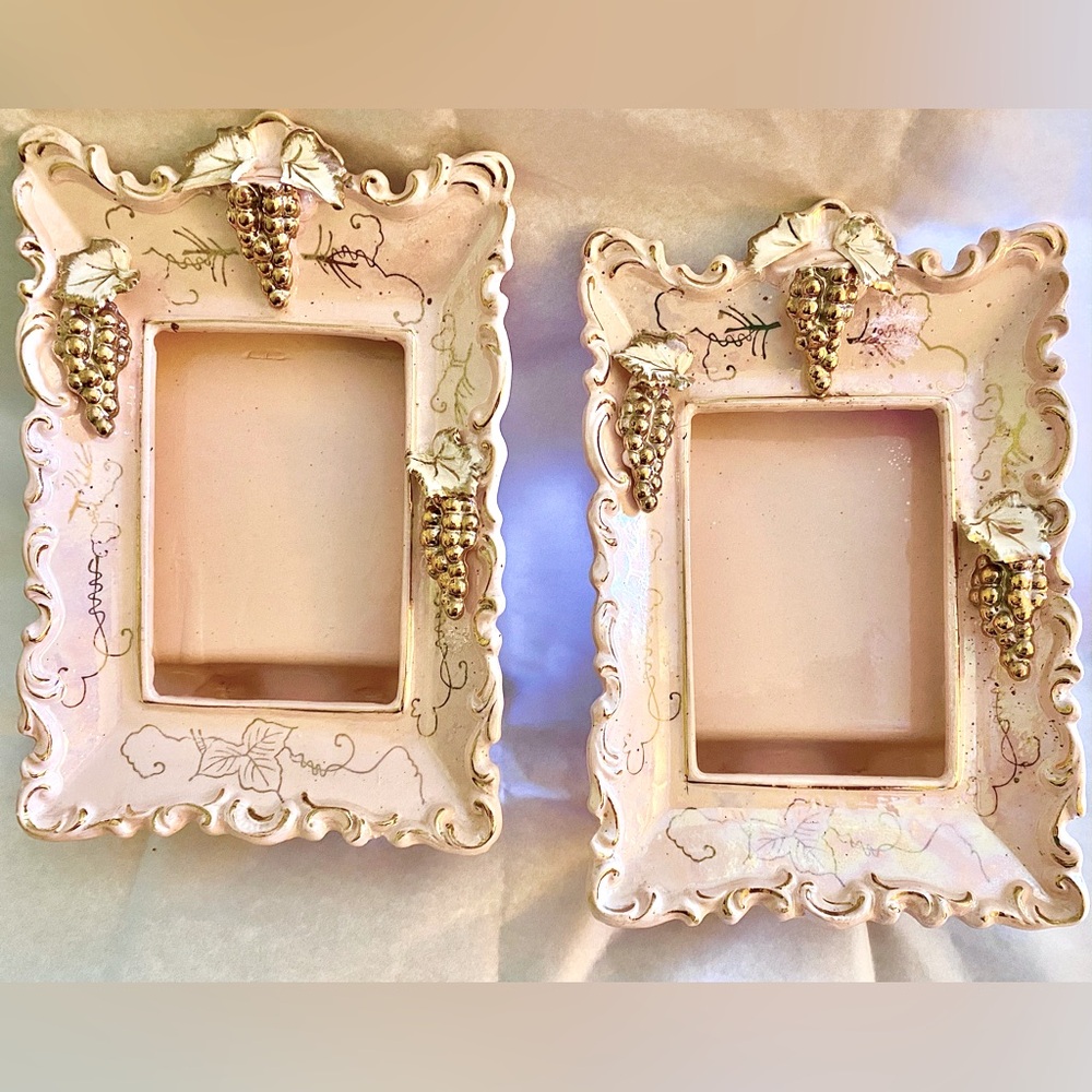 Two Vintage pink porcelain 4x5 frames with decorative golden grapevines.
